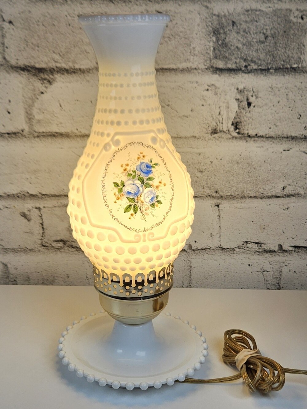 Vintage Hobnail Milk Glass Electric Hurricane Lamp Blue Roses White Glass